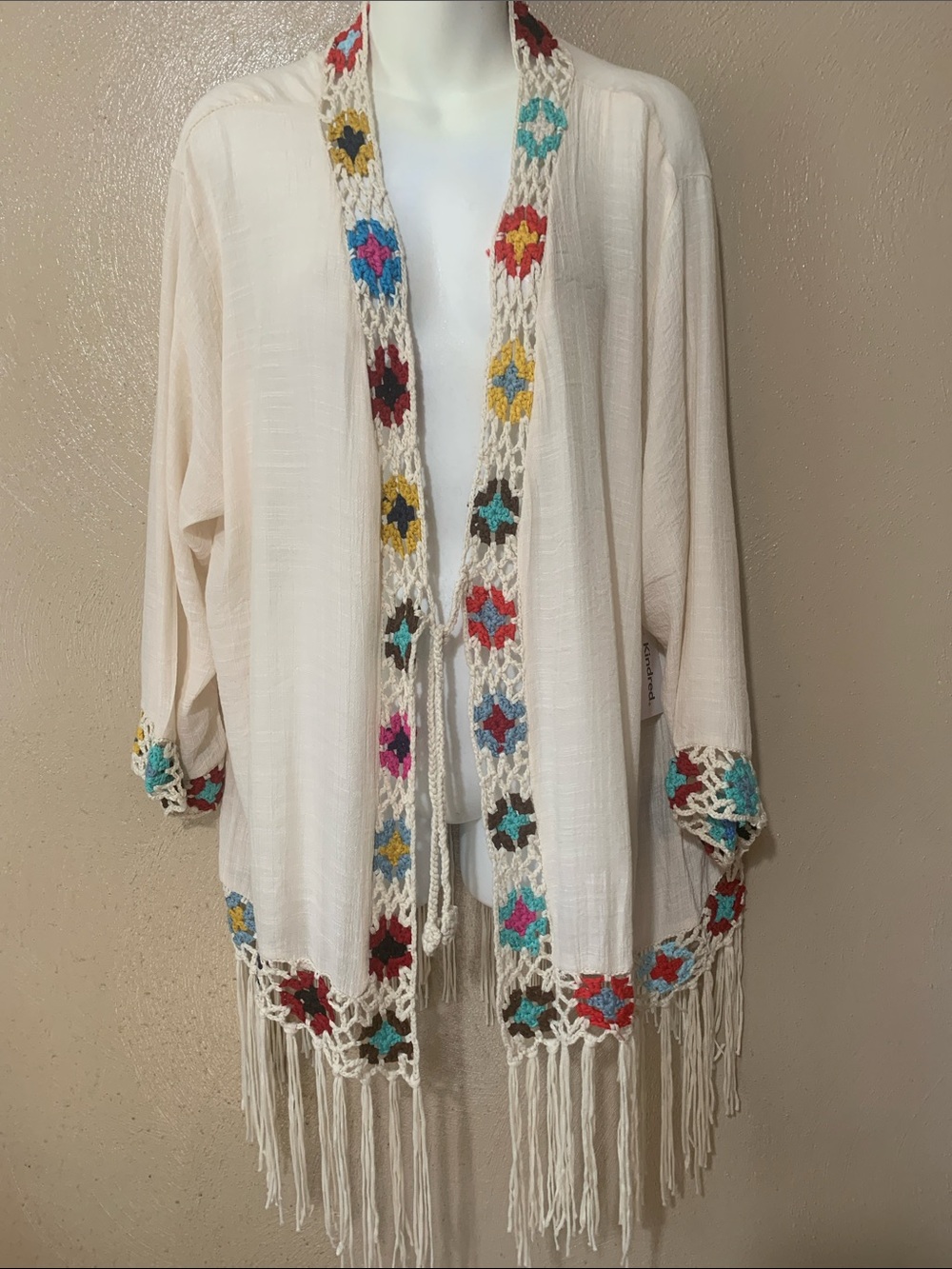 Kindred size 2X Cream Open-Front Fringe Cardigan Multicolor Crochet Trim NWT